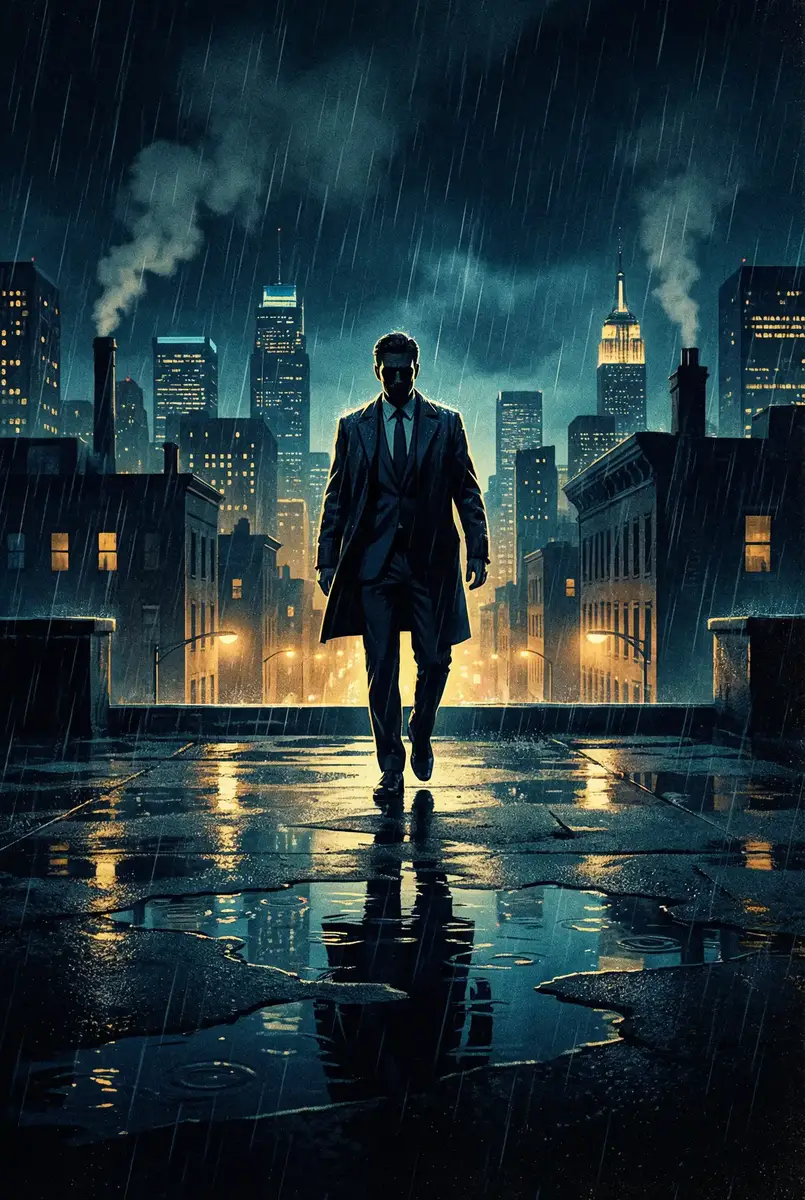 你的太大了我装不下 出品影片《雨夜独行者》海报，雨中城市屋顶男性剪影